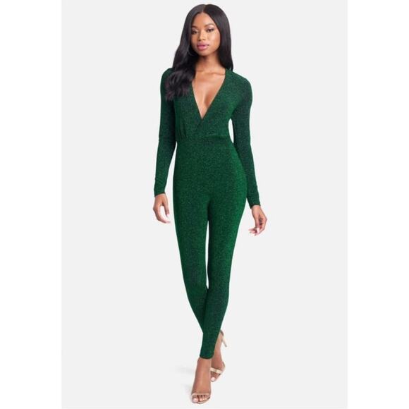 bebe Emerald Green Metallic Knit Long Sleeve V-Neck Jumpsuit | Size L - Picture 3 of 7